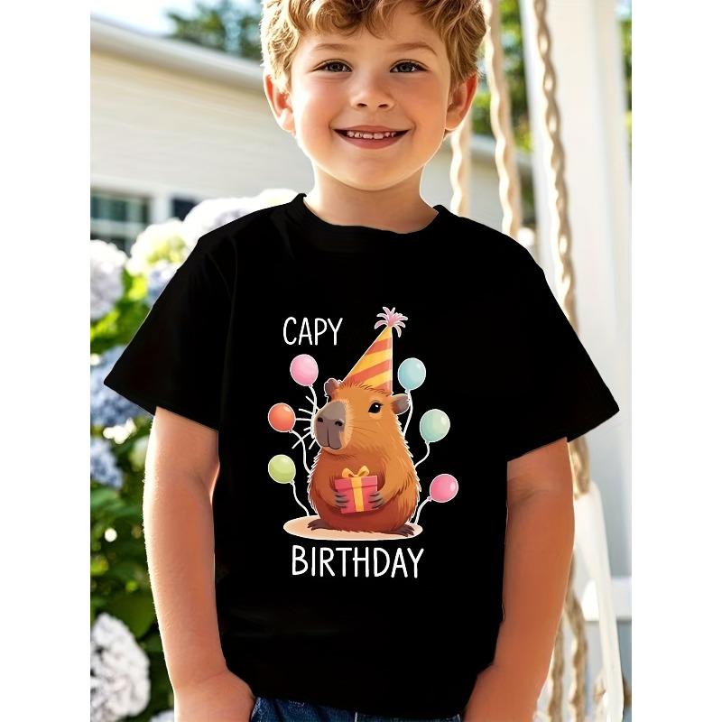 European sizes Boys' Capybara Birthday Party Outfit - Cute Capybara with Balloons Print T-Shirt Featuring "CAPY BIRTHDAY" Text - Soft Breathable