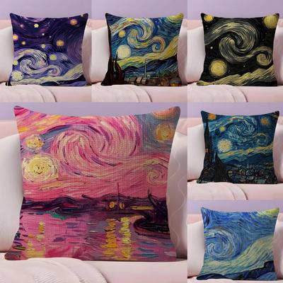 Color Van Goghs Starry Night Cushion Cover Natural Linen Organic Fabric DoubleSided Printing Sofa Home Decor Breathable