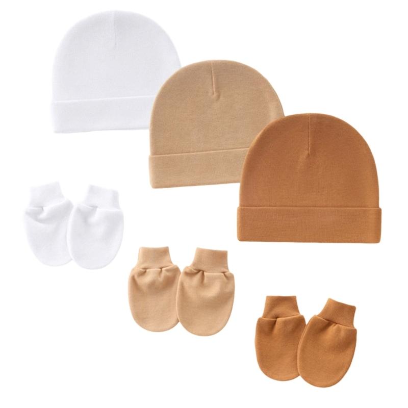 3 Set Baby Bonnet Hat Feature Foldable Cuff with Mittens Cotton Fabric Gentle On Skin Multiple Color Available