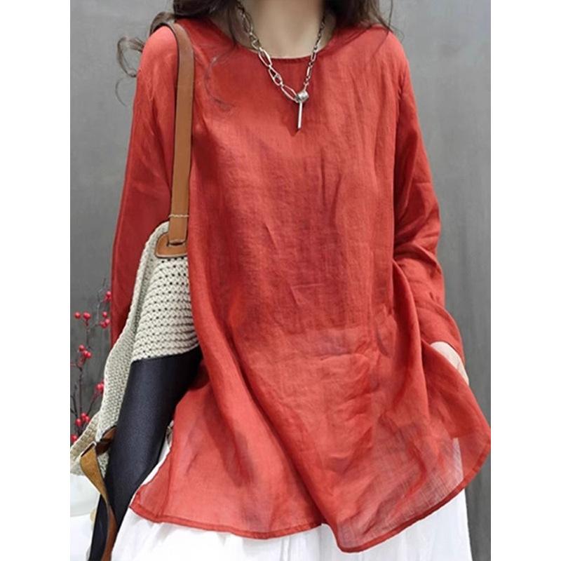Loose Cotton and Linen Round Neck Long-sleeved T-shirt Spring and Summer New Light Medium and Long Pullover