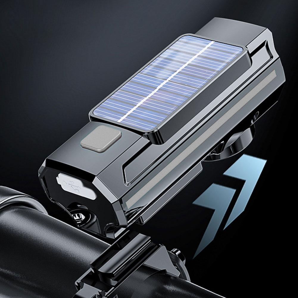 Solar LED Bicycle Light USB Charging MTB Road Bike Front Lamp Waterproof Bike Handlebar Flashlight with Horn Bicycle Accessories