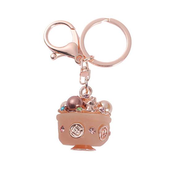 Treasure Bowl Keychain Rhinestone Wealth Charm with Key Ring Backpack Handbag Charm Keychain Gift for Men Women Friends