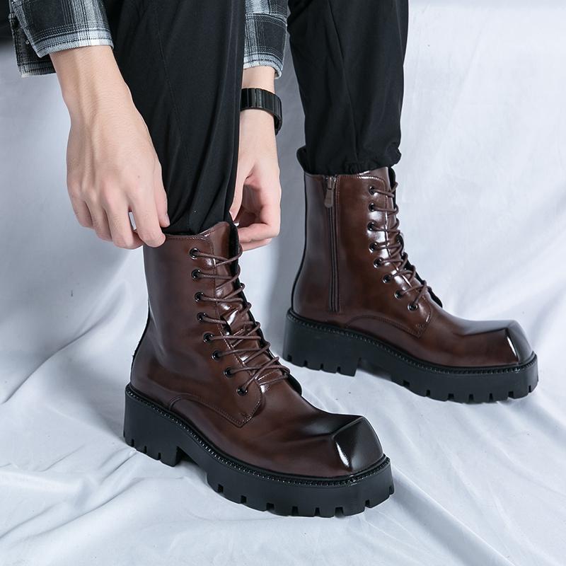 Korean Version Men's Classic Thick Soled Non Slip Comfortable High Top Boots Autumn Lace Up Business Casual Leather Boot