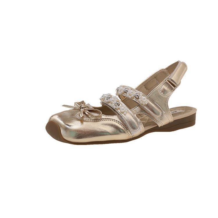 Spot Version~ Bow Rhinestone Ballet Shoes Square Head Mary Jane Shoes with Cheongsam Skirt Flat Sandals Pearl