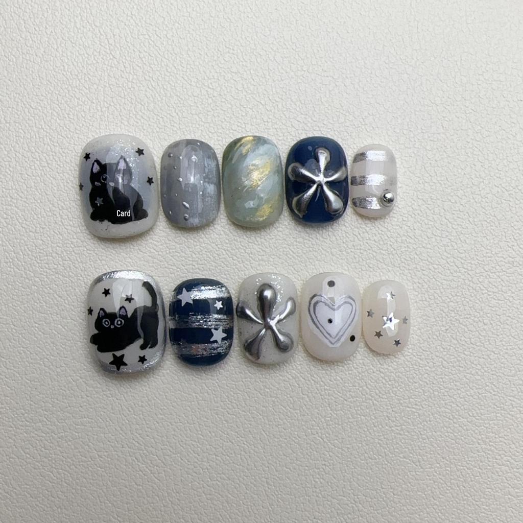 European Starry Sky Black Cat 3D Heart & Stars Short False Nails