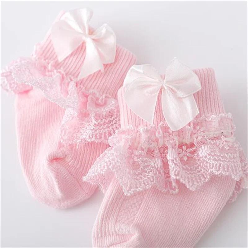 4 Paare/Los Frühling Herbst Neugeborene Babysocken für Mädchen Baumwolle Spitze Säuglingsmädchen Socke Prinzessin Schleife Kleinkind Baby Mädchen Socken 0-24M
