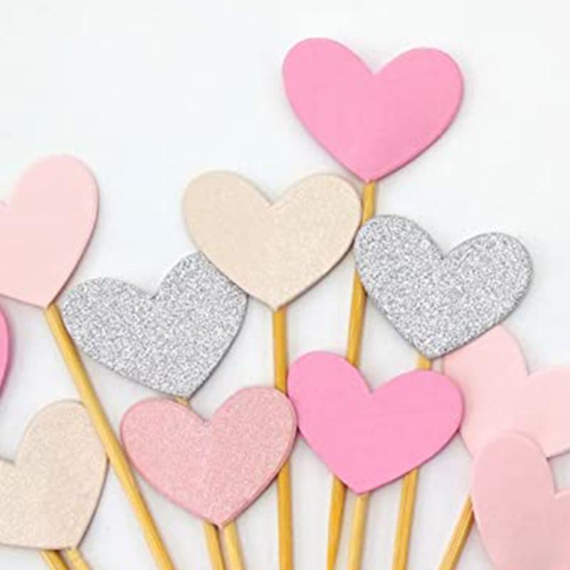 30pcs Cupcake Decorating Disposable Party Tableware Fruit Dessert Sticks Fun Pink Heart Glitter Mini Birthday Wedding Supplies