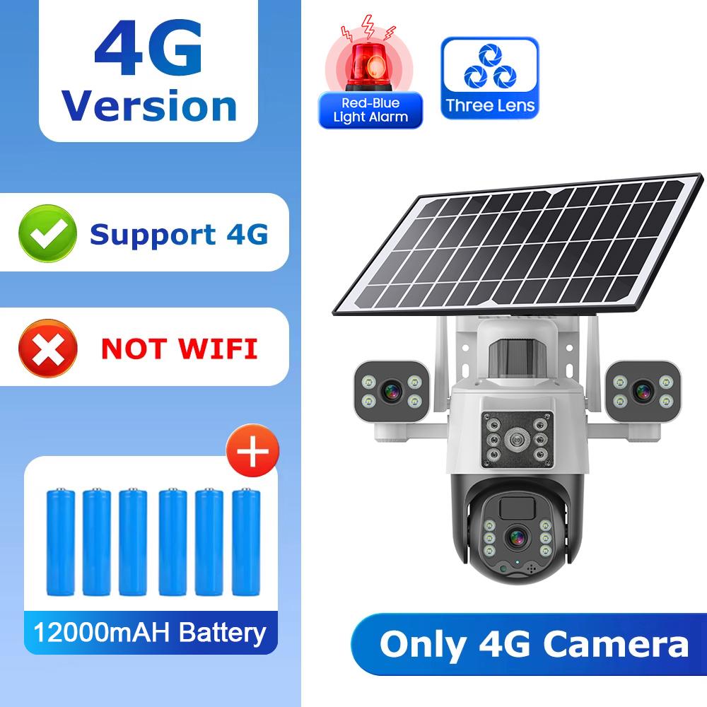 

AIOOK Зовнішня камера спостереження Потрійна лінза HD 12 МП WiFi Сонячна камера 4G SIM-камера Мобільне відстеження Нічне бачення V380 PRO CCTV 4G Camera