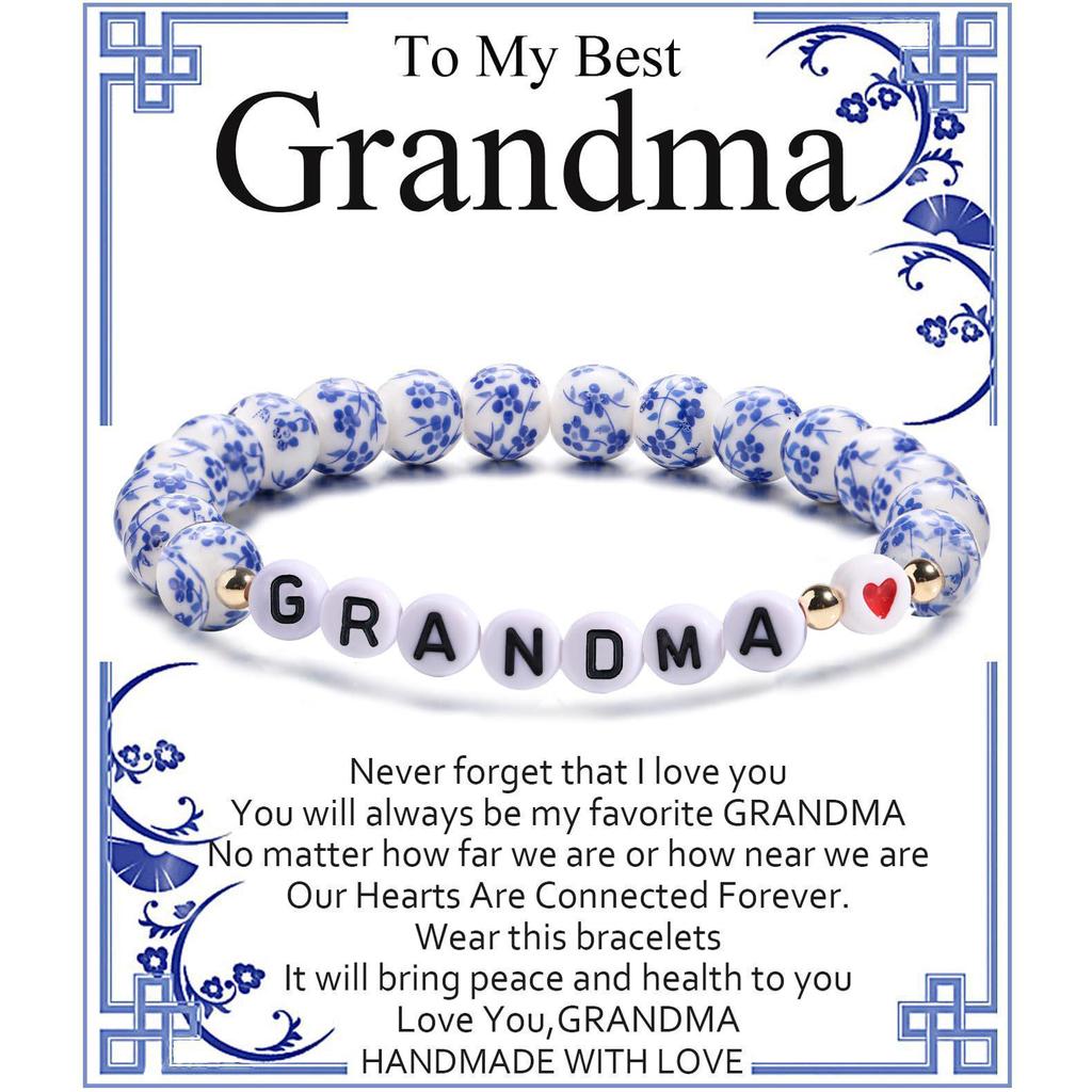 GIGI NANA Blue & White Porcelain Beaded Bracelet - Ethnic Style Elastic Birthday Gift