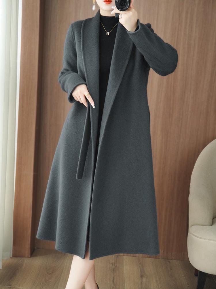 Temperament Women's Extra Long Double-Faced Wool Slim Fit Pea Coat - 100% Wool Autumn/Winter High-End Overcoat