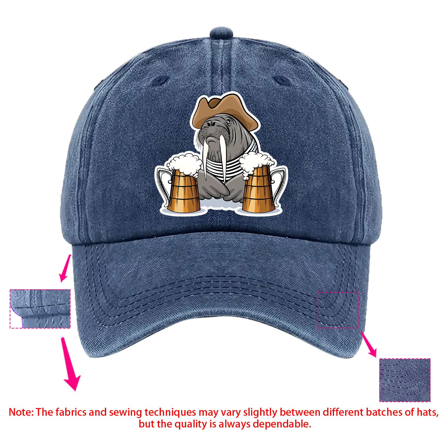 Walrus with Beer Mugs Cowboy Hat Baseball Cap Casual Polyester Adjustable Unisex Adult Cap One Size