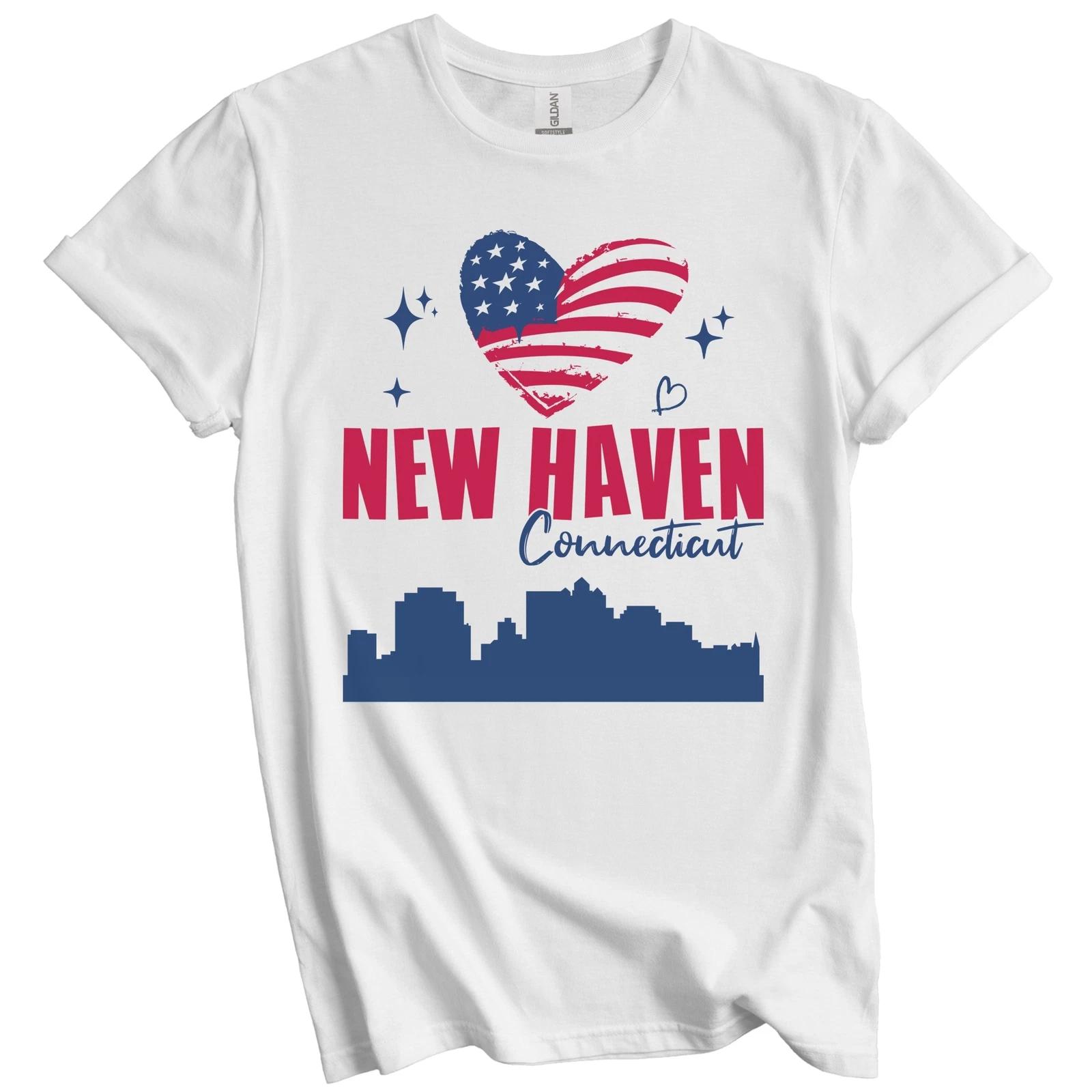 New Haven Connecticut Skyline American Flag Heart 4th of July T-Shirt 4XL