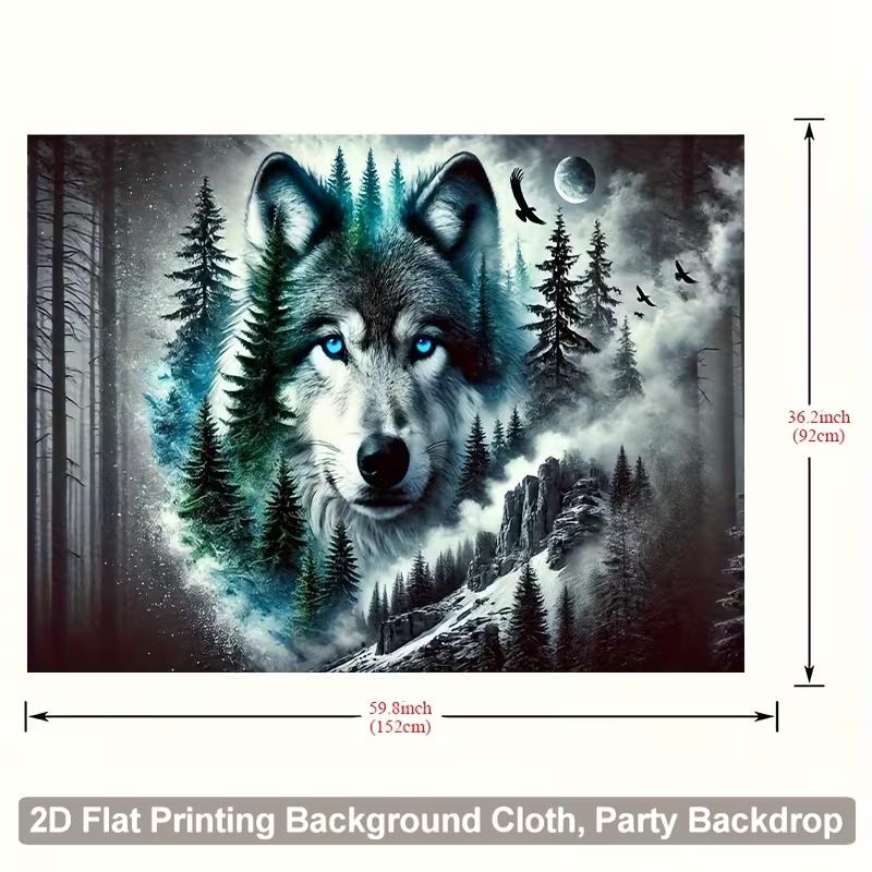 

2D Blue Eyed Wolf Tapestry, Moonlit Forest Mountain Wall Hanging, Scenic Wildlife Decor 47.2x31.5inch/120*80cm