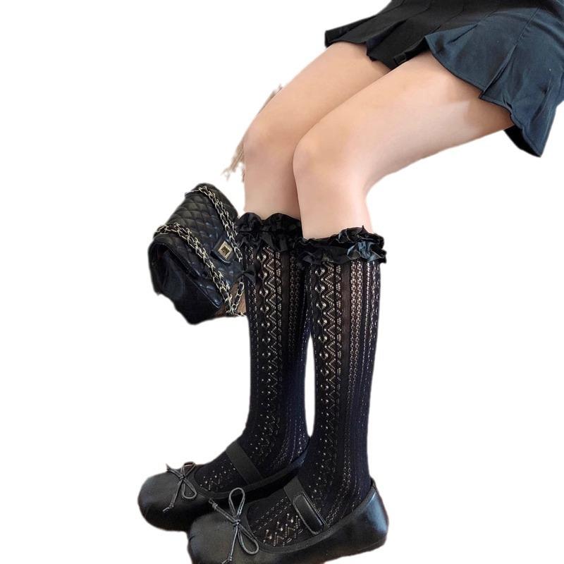 lolita Lace trim socks, spring/summer thin white mid-calf socks, Lolita bowknot stacked socks jk Calf socks