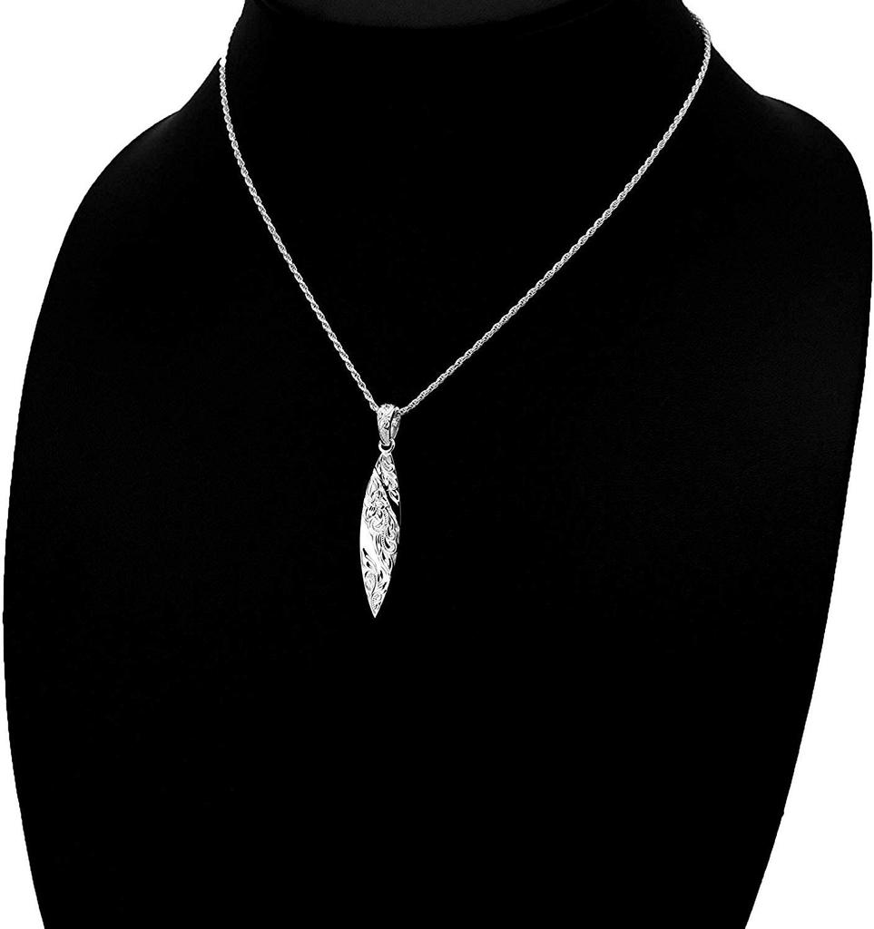 Leilani Hawaiian Surfboard Plumeria & Scroll (Wave) Carved Pendant Necklace for Men, 925 Sterling Silver (Includes 55cm Rope Chain)
