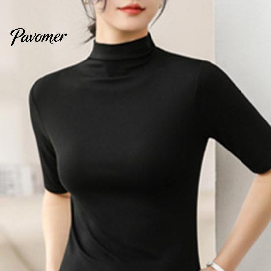 Pullover Top Summer Tops Turtleneck Solid Color Half Sleeve Slim Fit Smooth Women Shirt Wear Stretch Layer Comfy High Neck Daily Bottoming