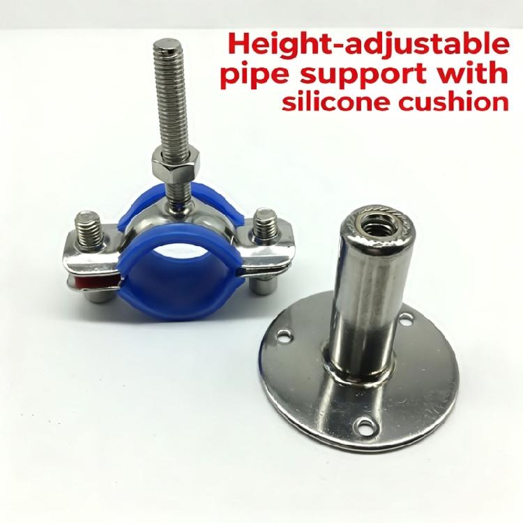 Round Base Pipe Support Bracket 4 Pack with Height Adjustment, Rubber Lined Grip and Stainless Hardware for Repairs