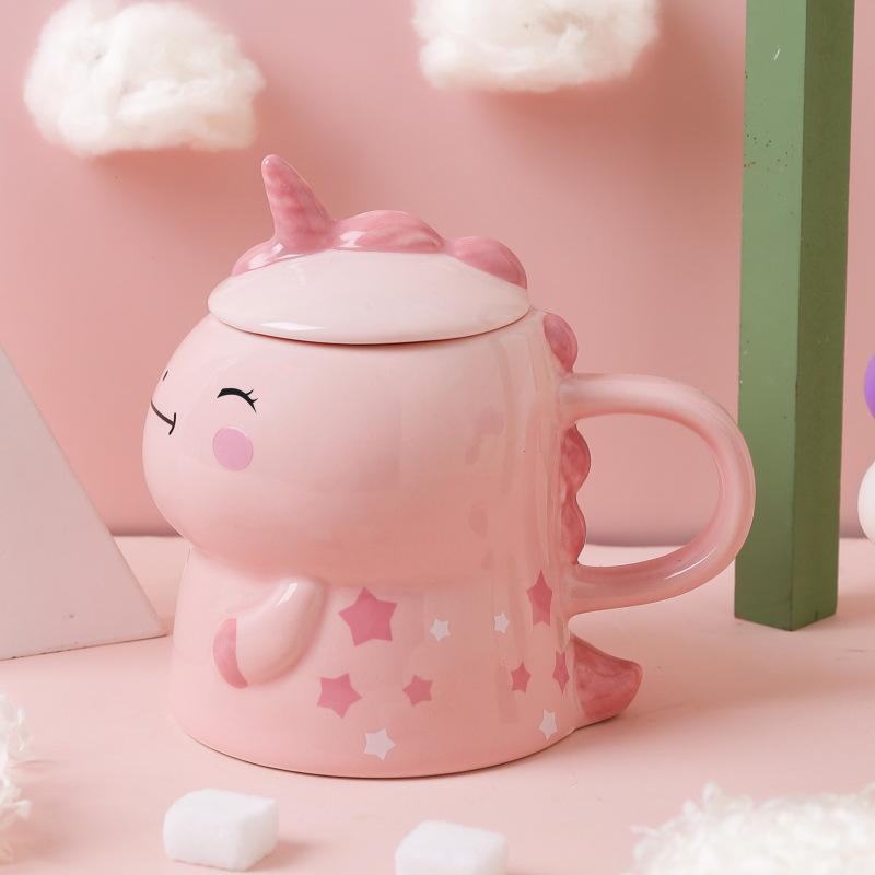 Unicorn Ceramic Water Cup Dinosaur Shaped Mug with Cover Spoon Creative Hand Painted Cartoon Super Cute Super Cute Personality