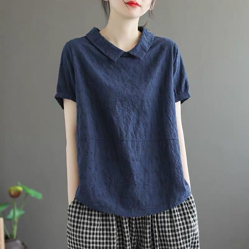 Baumwollkragenhemd Kurzarm-T-Shirt Damen Künstlerisch Retro Locker Schlankmachend Sommer-Top