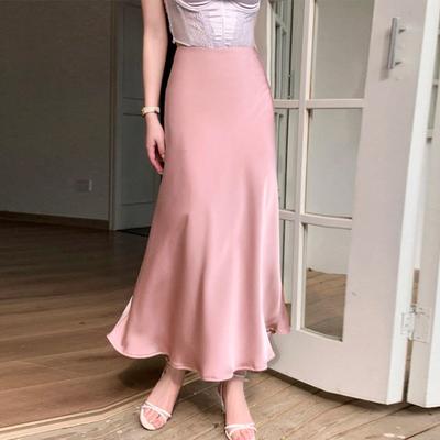 Women Spring Fall High Waist Bodycon Solid Color Satin Skirt