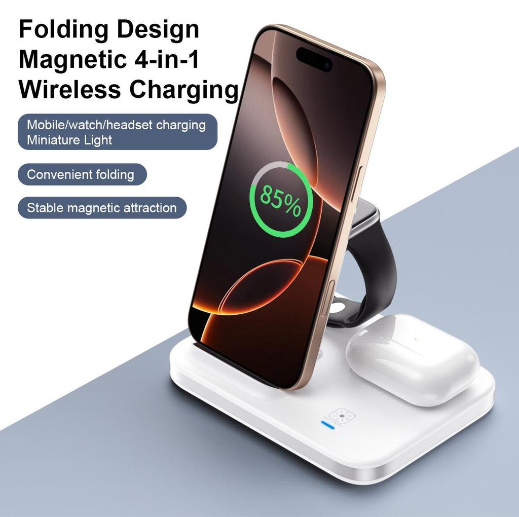 15W Foldable Magnetic Stand: 3-in-1 Wireless Charger for Phone, Watch & Earbuds