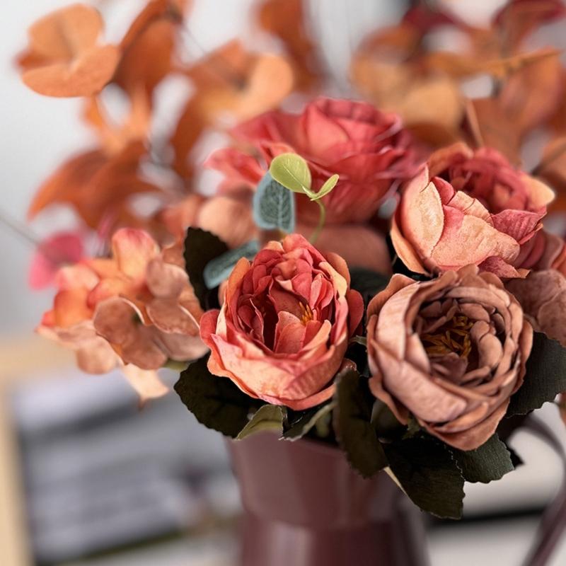 Artificial Rose Flower In Iron Bucket Artificial Leaf Plant Thanksgiving Table Centerpieces Decoration for Weddding