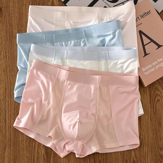 Men Boxer Briefs Mid-rise Elastic Waistband Breathable Mesh Shorts Underwear Solid Color U-Convex