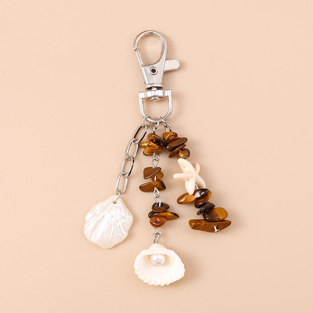Fashion Summer Beach Starfish Shell Keychain Colorful Stone Key Ring Pendants for Women Girls Handbag Decor DIY Jewelry Gifts