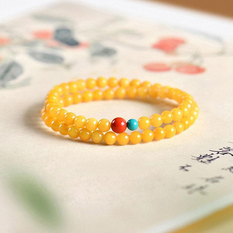 Handmade Imitation Chicken Oil Yellow Double-Loop Glaze Bracelet, Retro New Chinese Ethnic Style Unisex Jewelry, Travel Souvenir