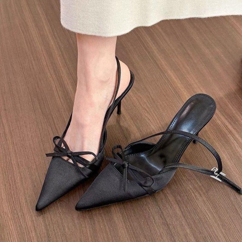 Autumn New Niche Satin Single Shoes French Premium Sandals Femininity Thin Heel Bow Silver High Heels