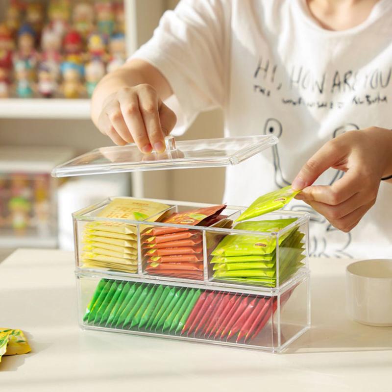 Acrylic Tea Bag Holder Tea Box Coffee Tea Bag Storage and Clear Pantry Organizer for Kitchen with Lid Multi-Compartment