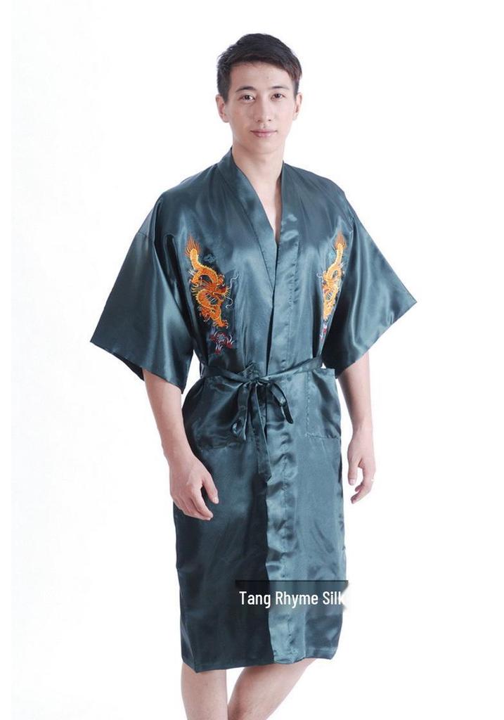 Men's Retro Long Dragon Embroidered Silk Tang Suit Pajama Robe