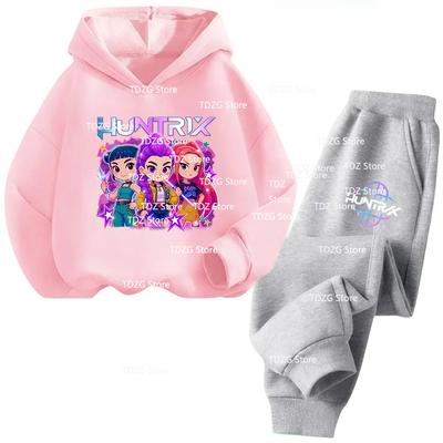 Hot Movie KPop Demon Hunters Fleece Hooded Children's Hoodies Set Pants Suit Casual Fashion Boy Girl Trousers Set Autumn Winter