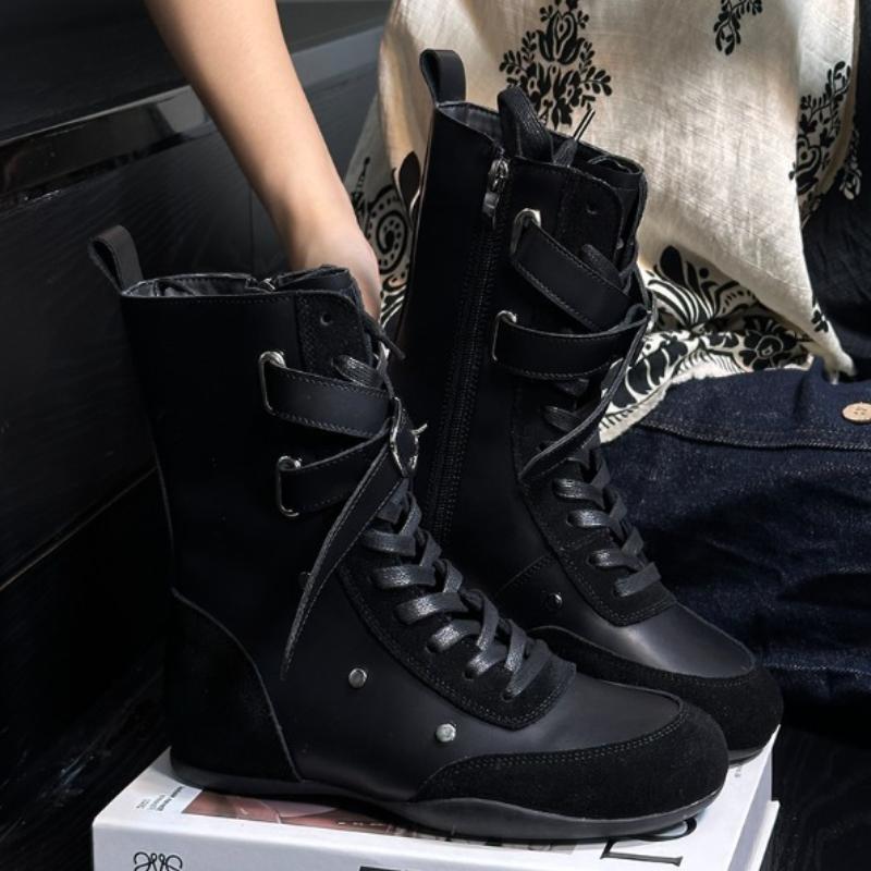 Fashion Design Sensation Boxing  Boots 2025 New Fashion Side Zipper Haome Mid-Calf Dequn Women's Boots Trendy Cross Bule