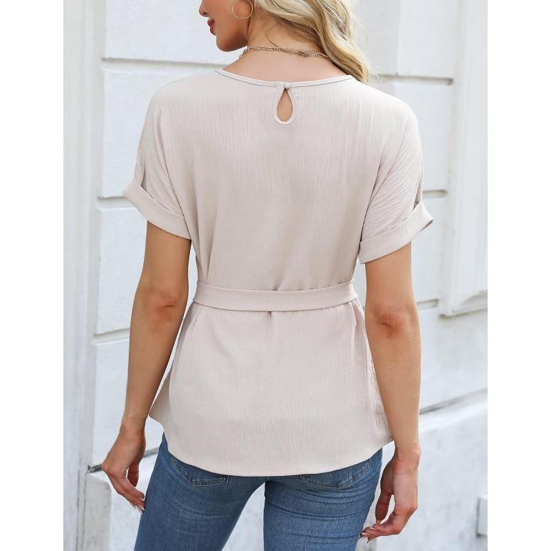 Camicia casual da donna, primavera ed estate, nuova, con volant, scollo rotondo, maniche corte, alla moda