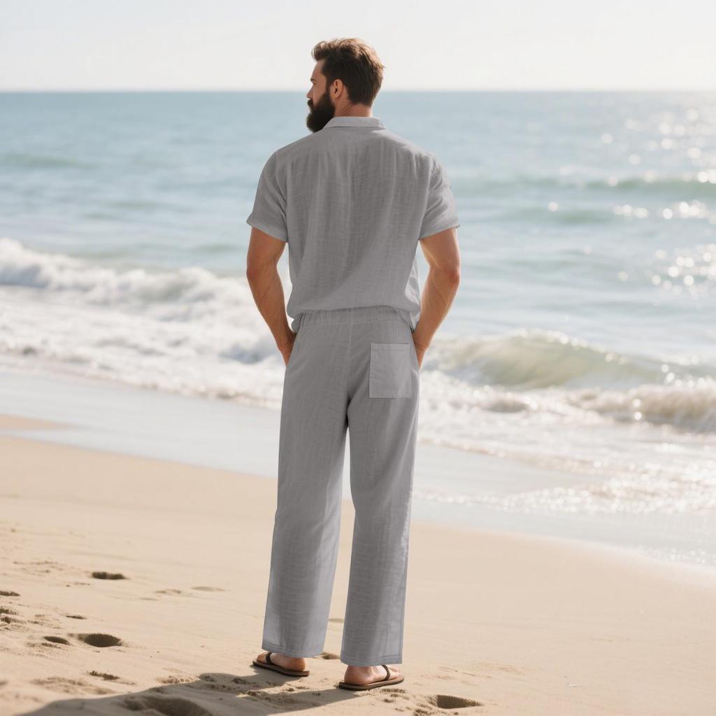 Men's European and American Casual Linen Short-Sleeve Shirt & Long Pants Set