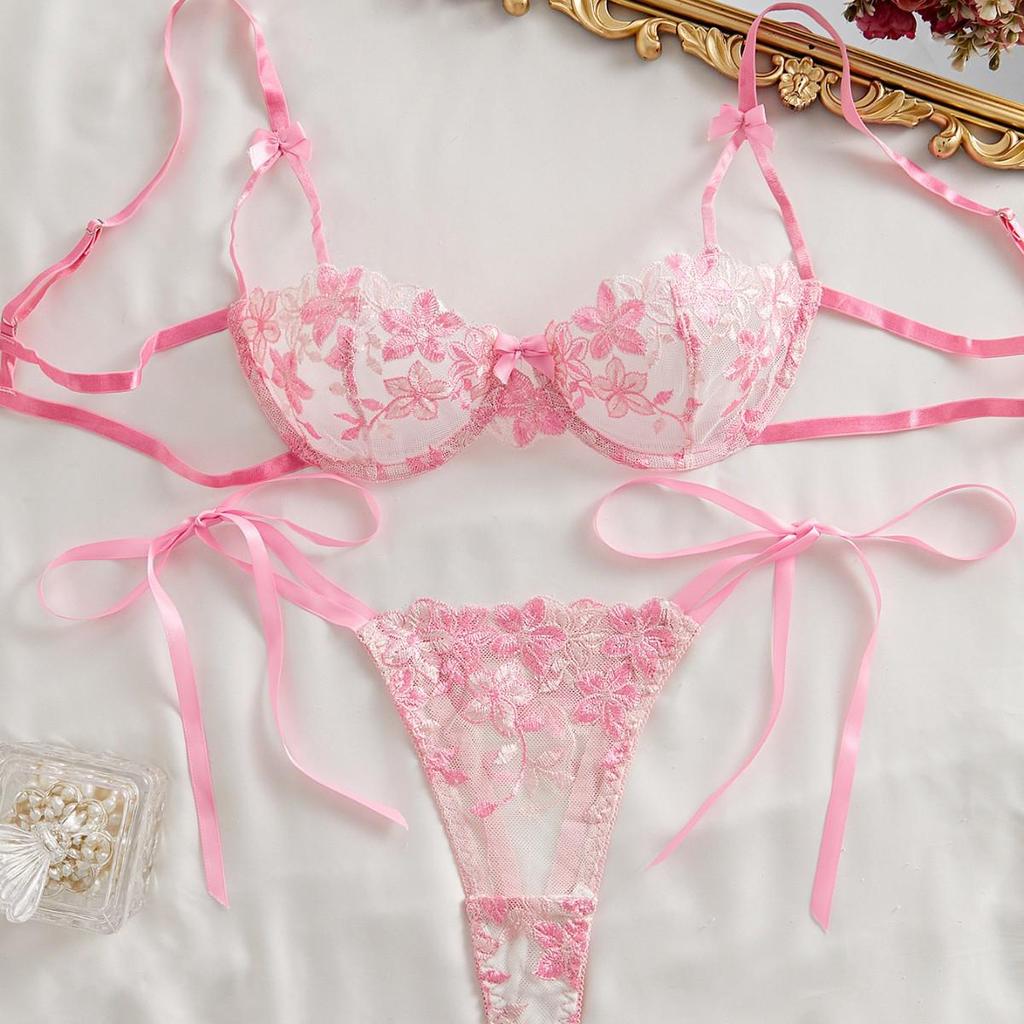 Autumn Bow Sling Floral Embroidered Lingerie Set - See-through Temptation