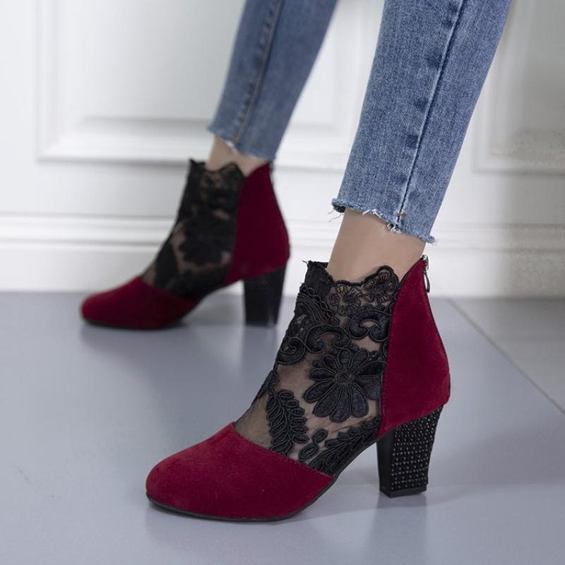 Fashion Sexy Women's High Heels Shoes Fashion Black Women Boots Lace Peep Toe Sandals Mesh Breathable Platform Shoes Female Plus Size 43