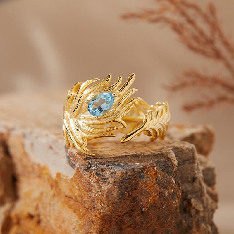 Natural Tanzanite Topaz Garnet Color Treasure Ring Women'S S925 Sterling Silver Feather Open Ring Earrings