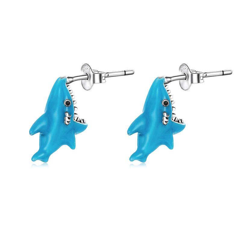 WOSTU 2021 925 Sterling Silver Funny Blue Animal Shark Stud Earrings For Women Fashion Jewelry Gift CTE563
