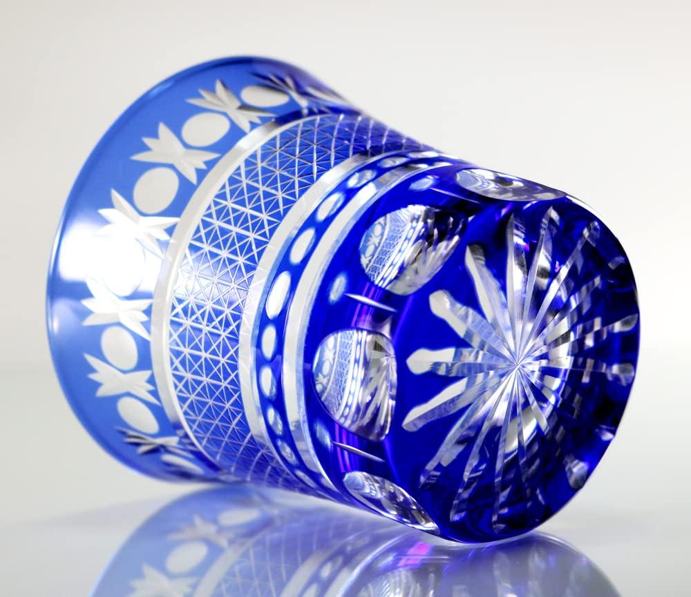 GREEM MARKET Crafts with Wooden Box Glasswork Kiriko Glass Cup Shochu Glass Kiriko Glass Product GMS00726 Number (Blue)