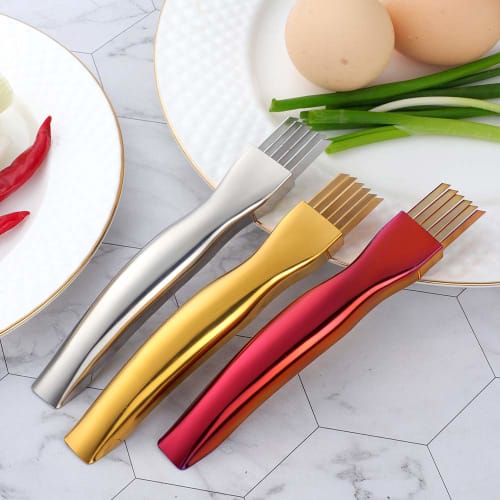 Silver Green Onion Cutter, Green Onion Slicer, Thinly Slices, Silk Knife, All Stainless Steel with Cap, Dishwasher Safe, White Onion, Vegetable, and C