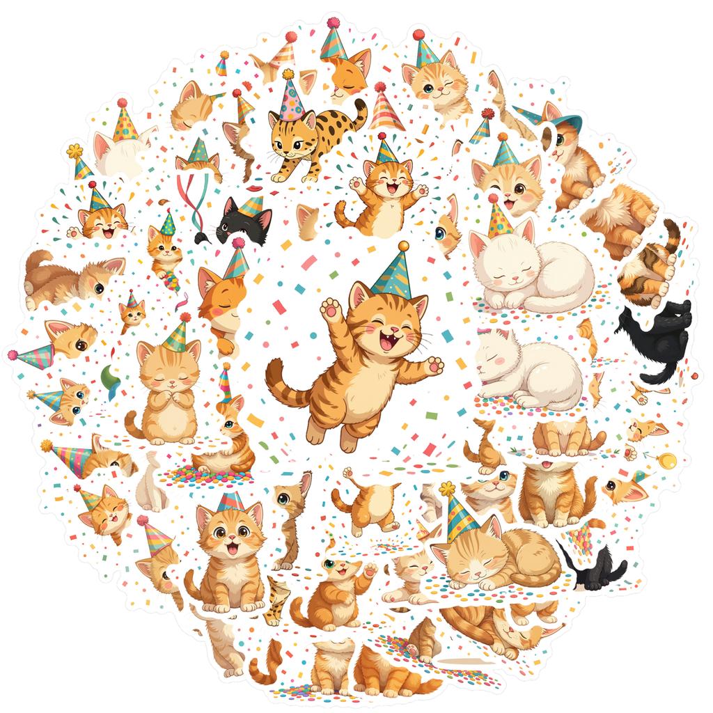 35-70pcs Adorable Birthday Cat Stickers With Party Elements Meme Graffiti Sticker Phone Guitar Laptop Notebook Waterproof Decals