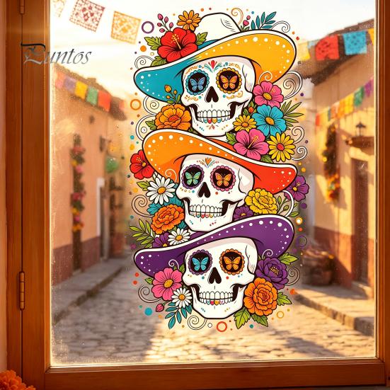 Bathroom Glass Static Clings Skeleton Undead Sticker, Waterproof PVC Decorative Decals, Durable Flexible Cut To Size Window Film for Autumn