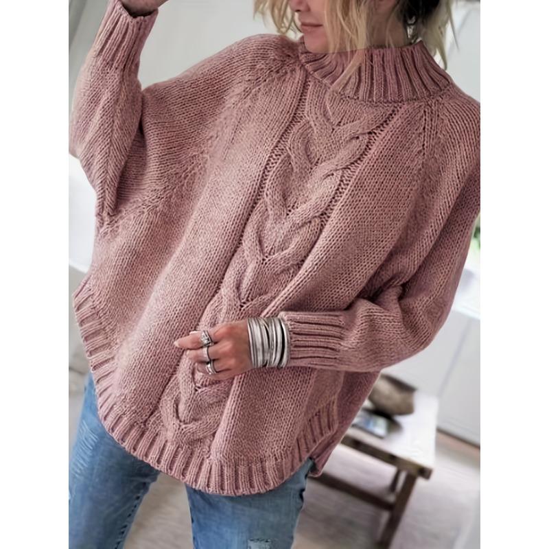Women'S Vintage-Inspired Black Cable Sweater with High Neck, Loose Fit, Casual, Everyday Pullover, Vintage Sweater | Cable Pattern, Sweater Dress
