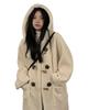 Horn Button Lamb Wool Long Coat for Women Autumn and Winter Lamb Velvet College Style Warm and Slim Hooded Coat