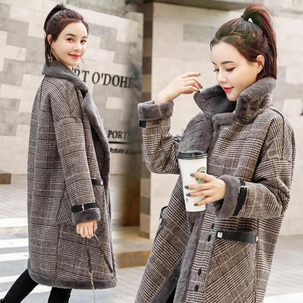 Plaid Faux Leder Pelz Parka Mantel Frauen Herbst Winter Neue Lamm Pelz Weibliche Mantel Fügen Samt Warm Zu Halten Oberbekleidung