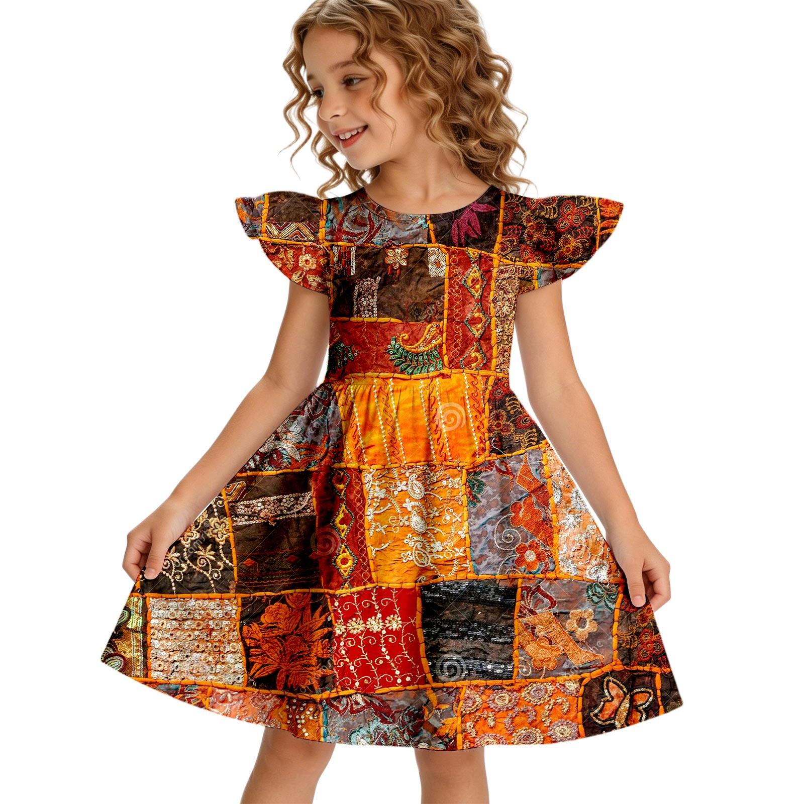 Girls Halloween Dress with Ruffle Hem and Sleeves , Round Neck , Yellow , Size 160 for Kids 130