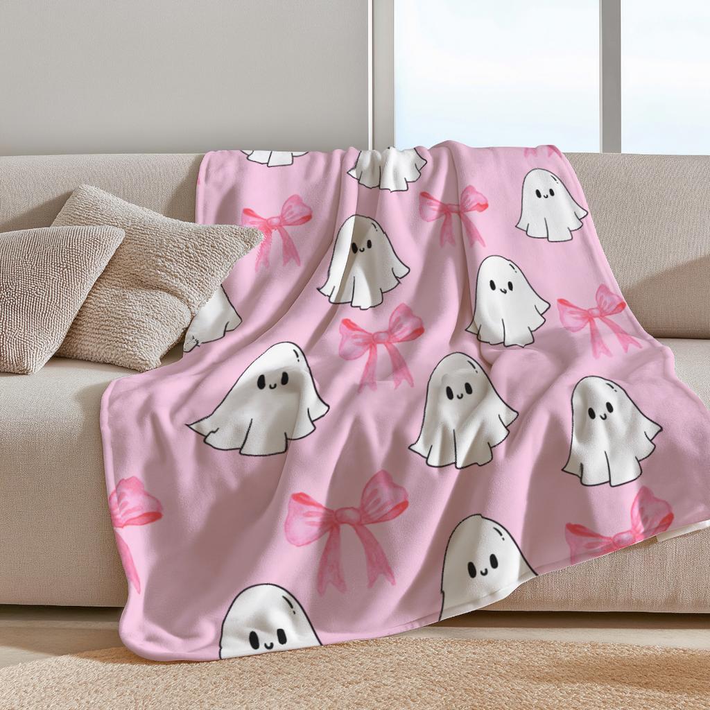 1pc Pink Sweet Bow Cute Ghost Flannel Blanket Soft and Comfortable Nap Envelope Small Cover Blanket Multi-purpose Blanket