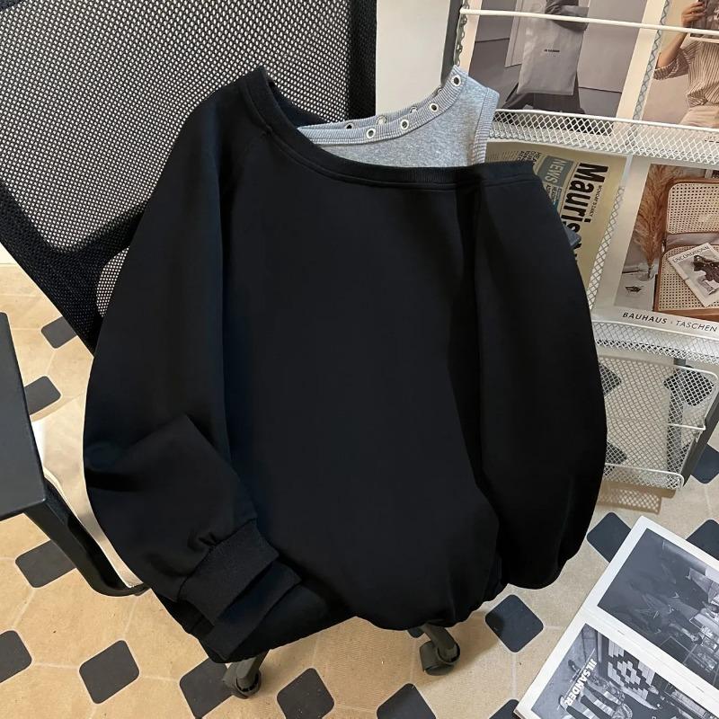 

Жіночий світшот Бавовняний Оверсайз Імітація Двохчастинного Вільний Круглий виріз Повсякденний Пуловер Довгий рукав Зимовий Світшот Топ XXXXL чорний